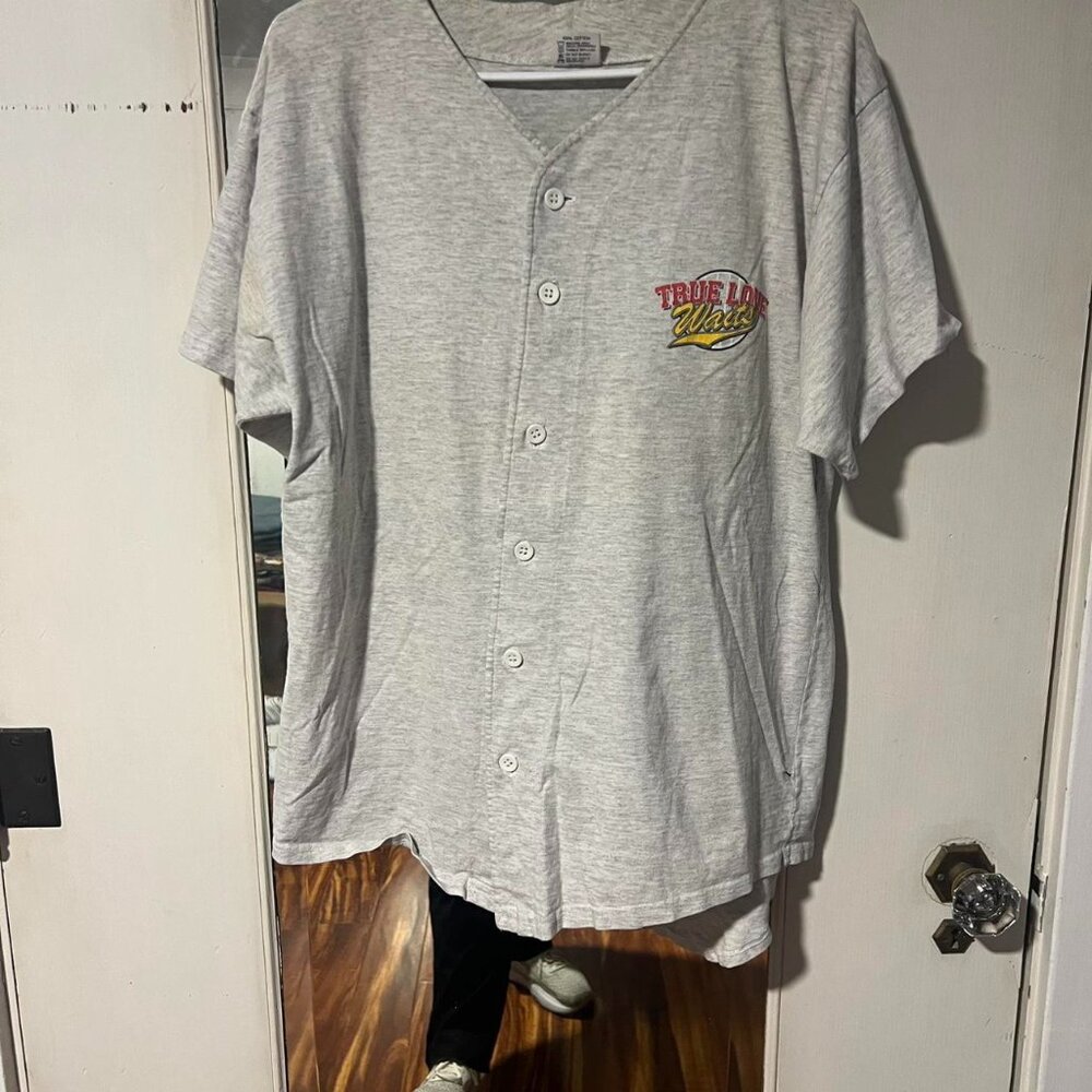 Grey True Love Waits baseball jersey with a small tear on the sleeve  #BaseballJ